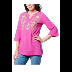 Bellisima by Kim Gravel Women's Slub Artisan Embroidered Top Sangria - Petite